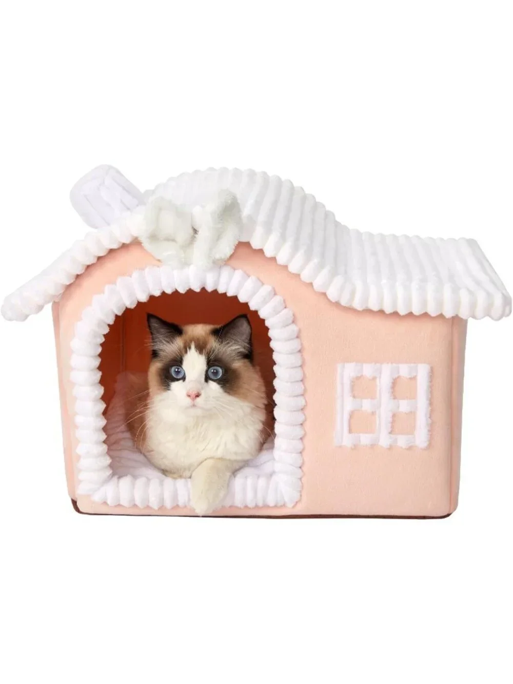 New Pink Cat House with Chimney, Cute Indoor Pet House for Cats 3-10 lbs